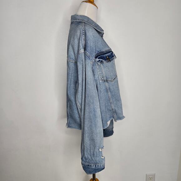 Free People Grunge Distressed Cropped Denim Trucker Jacket Raw Hem Women Largeg - Picture 2 of 13